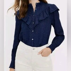 Loft Dark Chambray Dobby Ruffle Yoke Shirt Button Up